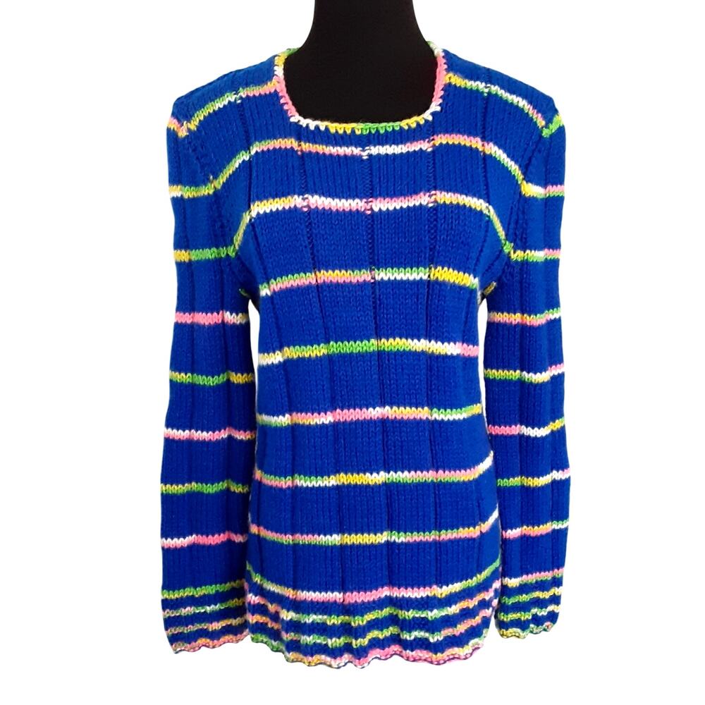 Vintage 70s Handmade Crochet Sweater Rainbow Stripe Square Neck Ribbed Pullover